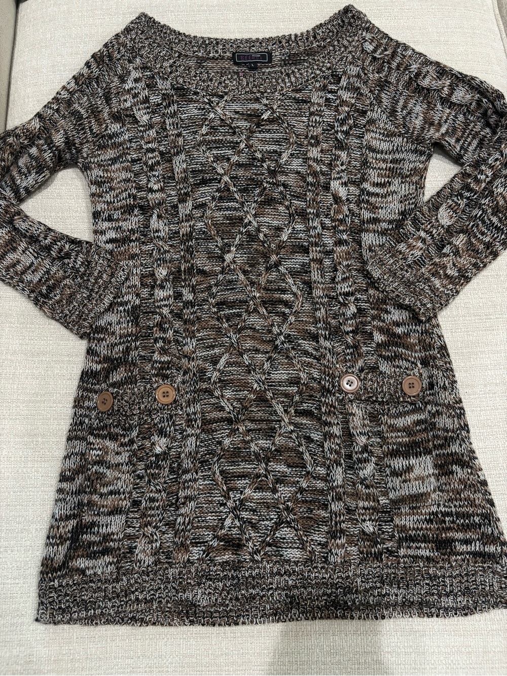 Cozy Off-the-Shoulder Cable Knit Tunic Sweater — Brown/Cream